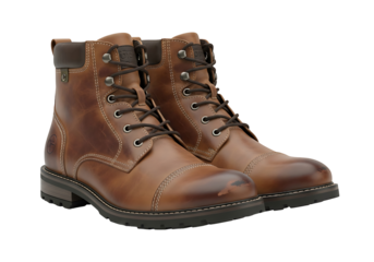 Two stylish brown leather boots, with a rugged, yet refined appearance, stand out against a stark black background.