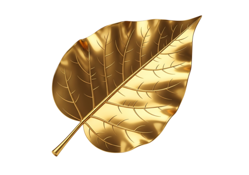 A detailed, polished, golden leaf stands out against a rich black backdrop.