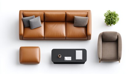 A modern, cozy living room setup featuring a brown leather sofa, a comfortable armchair, a coffee table, and a decorative plant.