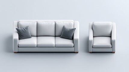 A modern white sofa with matching armchair, featuring soft cushions, on a minimalist background, exuding a sleek and contemporary aesthetic.