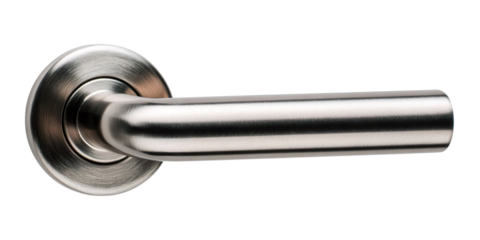 Close-up of a modern silver door handle showcasing sleek design and polished finish. transparent png