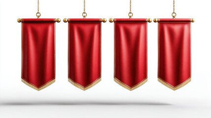 Four elegant red banners hang from golden fixtures, showcasing a rich texture and vibrant color, ideal for decoration or signage.