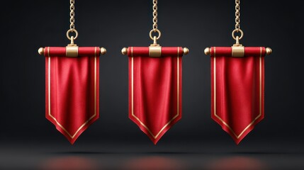 Three elegant red banners hang from chains, set against a dark backdrop, showcasing a luxurious design with golden accents.