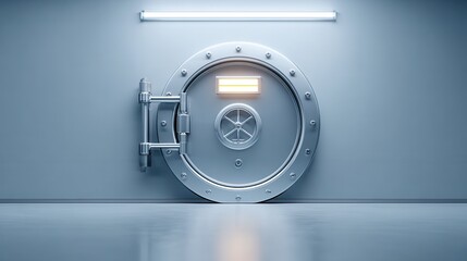 A large, metallic safe door in a minimalist, well-lit environment, emphasizing security and protection in a modern setting.