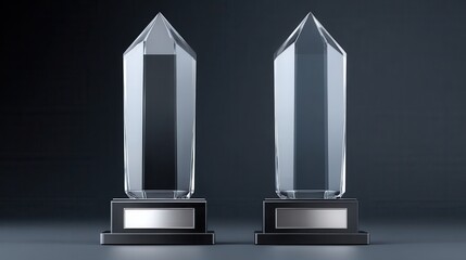 Two elegant crystal trophies with a sleek design, set on black bases against a dark background, symbolizing achievement and recognition.