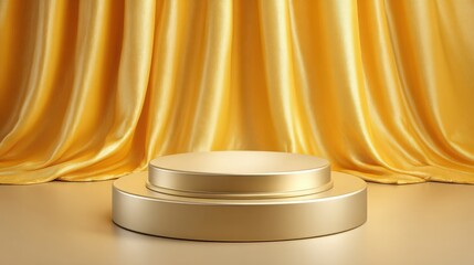 A polished golden podium against a soft yellow backdrop, creating a luxurious and elegant setting.
