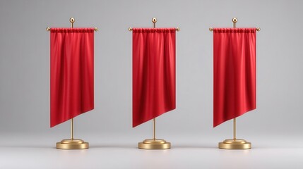 Three elegant red banners on golden stands, showcasing smooth, flowing fabric against a minimalist background.