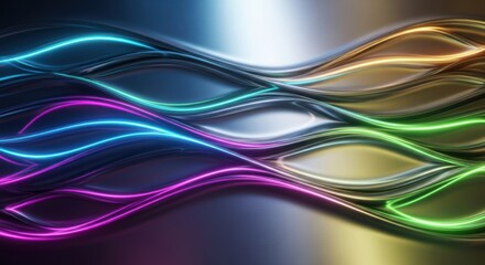 Obraz premium Abstract waves of colorful neon light flow across a dark, metallic background, creating a futuristic digital art