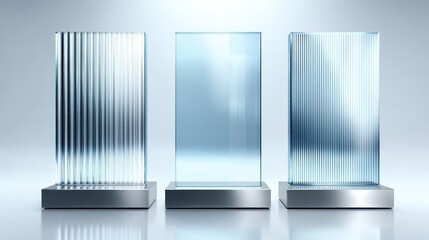 Three modern crystal awards with sleek designs, featuring vertical lines and a smooth, reflective base, creating a sophisticated and elegant appearance.