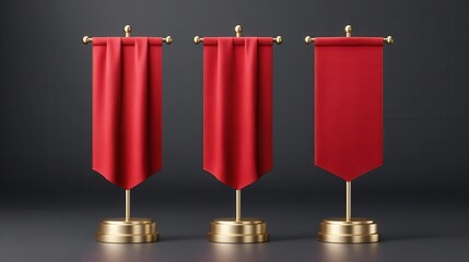 Three elegant red banners on golden stands, displaying a rich textile texture against a dark backdrop, ideal for presentations or decor.