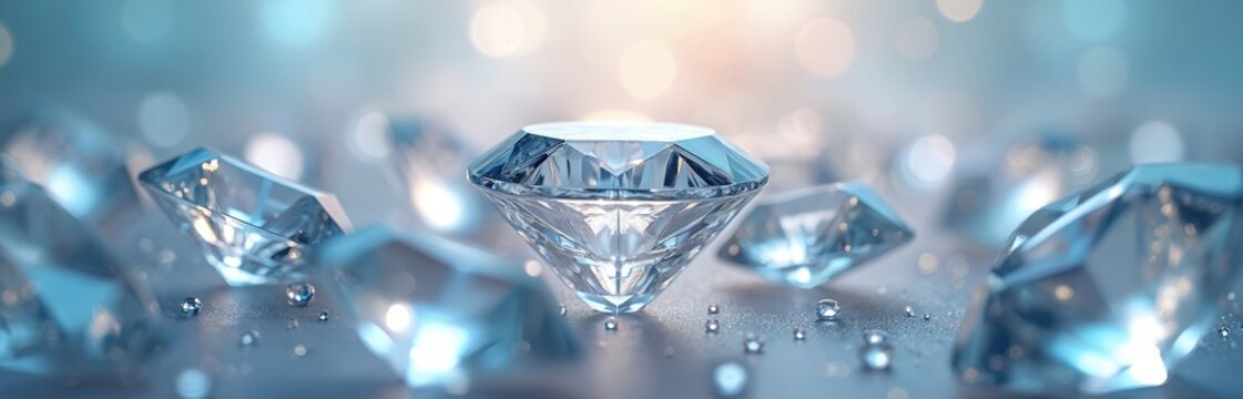 Sparkling diamonds scattered on light background. Faceted gems reflect brilliant light, creating alluring, luxurious visual. Illustration evokes elegance, sophistication, exclusivity for jewelry