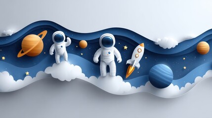 A whimsical illustration of astronauts, planets, and a rocket floating through a starry space landscape with clouds and vibrant colors.