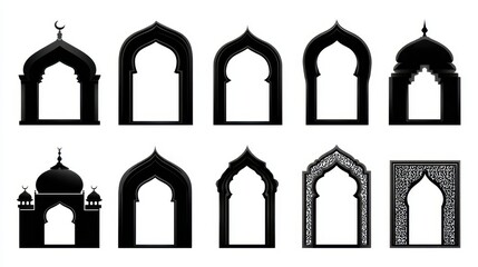A collection of ornate architectural silhouettes featuring various styles of arches and domes, showcasing intricate designs in a black and white format.