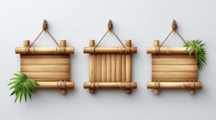 Three wooden signs with bamboo frames, adorned with green leaves, suspended from ropes against a light background.