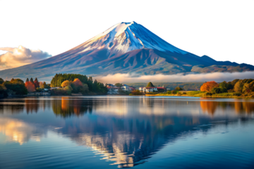 Majestic mount fuji reflected in the calm waters of a lake, surrounded by lush greenery and a serene atmosphere in japan isolated on transparent background