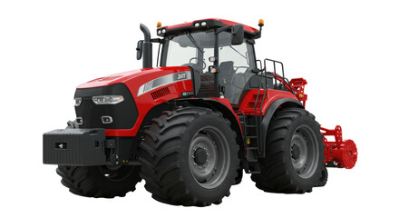 Obraz premium Powerful, red and black industrial tractor with rugged tires and visible mechanical details, factory-new, isolated on a transparent studio background with copy space, concept of modern industrial