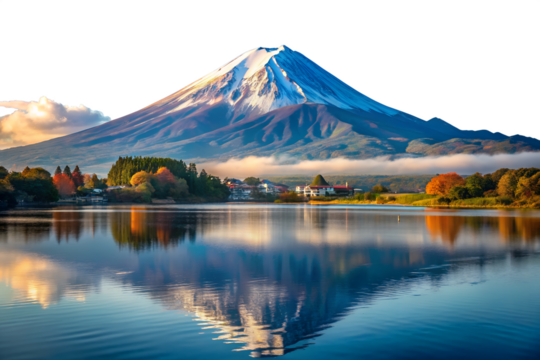 Majestic mount fuji reflected in the calm waters of a lake, surrounded by lush greenery and a serene atmosphere in japan isolated on transparent background