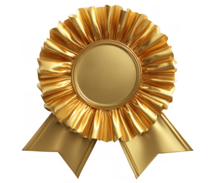 Golden rosette award ribbon with copy space isolated on transparent background