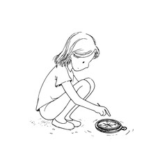 Girl using compass illustration for direction finding and navigation learning in black and white line art