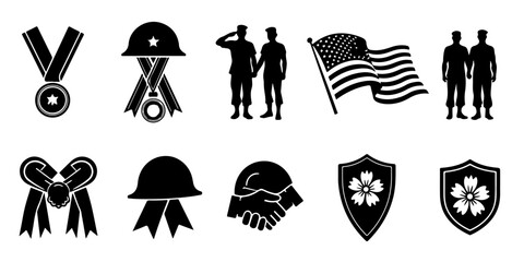 Silhouette Icons Set of Veterans Day military style, including saluting soldiers, dog tags, military boots, airplane, tank, star medals, crosses, rifles, folded flag, laurel wreath, and patriotic symb