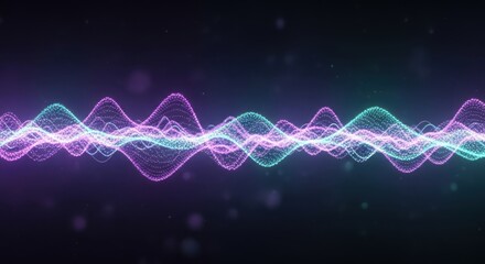 Abstract visualization of glowing purple and teal sound waves composed of shimmering particles against a dark background