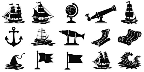 Silhouette Icons Set of Columbus Day, including sailing ships, compass, globe, anchor, telescope, explorer hat, maps, historical scrolls, flags, and ocean waves