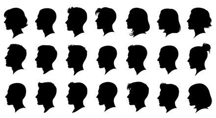 Silhouetted profiles of diverse individuals showcasing varying hairstyles and facial features.