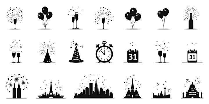 Silhouette Icons Set of New Year&rsquo;s Eve, including fireworks, champagne glasses, party hats, balloons, confetti, countdown clock, calendar page with 31, city skyline, and festive celebration