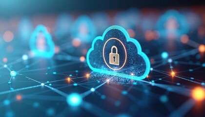 Cloud computing security icon, digital padlock on glowing blue cloud outline. Network connections with nodes, data transfer, secure information storage. Technology for corporate finance, digital
