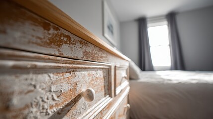 Refurbished midcentury dresser with subtle distressing texture in sharp focus surrounded by softly blurred natural light showcasing environmentally conscious restoration.