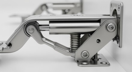 Side view of a softclose cabinet hinge mechanism showcasing the hydraulic damping system preventing door slams in close detail.