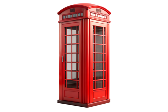 Classic red telephone booth isolated on transparent background, a symbol of london, england, and british culture and communication