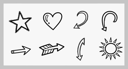 Simple hand-drawn icons including a star, heart, arrows, and sun, arranged on a white background.