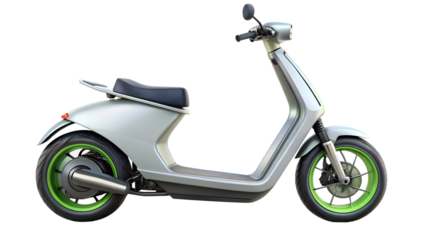 Modern silver scooter with green wheels isolated on transparent background, offering an ecofriendly and stylish mode of urban transportation