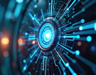Close-up of futuristic technological interface. Glowing blue circuits connect to central hub. Digital network visualization evokes AI, cyberspace, and advanced innovation.
