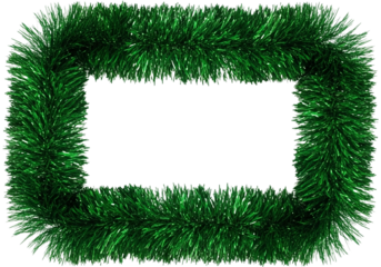 Vibrant green christmas tinsel garland border frame with empty space for text and decorations transparent background