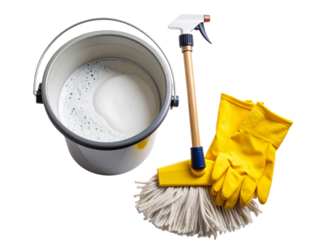 Top-Down Flat Lay of Mop with Bucket, Cleaning Gloves, and Cleaning Solution, Isolated PNG