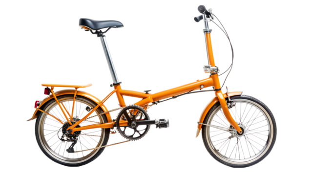 Orange folding bicycle isolated on transparent background, a versatile and compact mode of transportation for urban commuting and recreational riding
