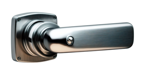 Close-up of a sleek, modern silver door handle, showcasing its polished finish and design. transparent png