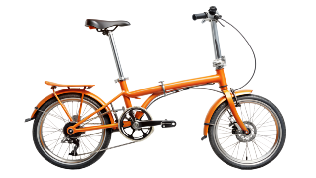 Orange folding bicycle isolated on transparent background, a practical and spacesaving solution for city dwellers and travelers seeking convenient mobility