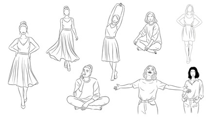 Line art illustrations of diverse women and a man in various poses, showcasing fashion and relaxed postures.