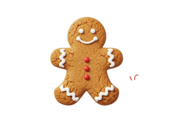 A cheerful gingerbread man cookie, decorated with white icing and red candies, stands out against a dark background.