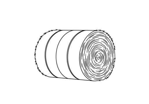 A graphic illustration of a rolled bale of hay, rendered in a simple line art style.