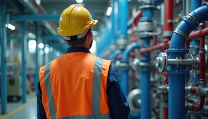 Worker in yellow hard hat, orange vest inspects industrial pipes, machinery in facility. Blue shirt, metal equipment, engineering infrastructure, maintenance job in manufacturing plant. Technology,