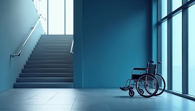 Modern building hallway features empty wheelchair near staircase, large windows. Interior space promotes accessibility, independence, inclusivity. Clean blue walls, natural light create calm