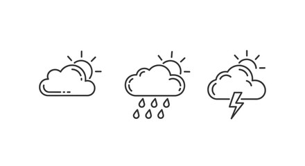 Dynamic weather icons show sun, rain, and lightning for clear forecasting and climate concepts