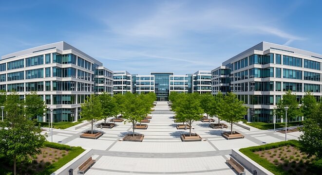 Modern office complex with symmetrical landscaping and trees under a clear blue sky.