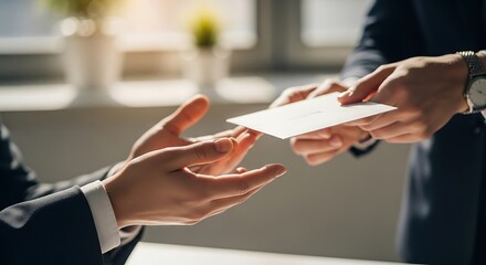 Businessmen exchanging envelope