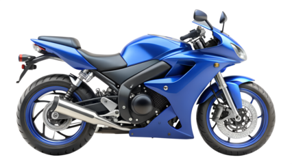 A sleek blue sport motorcycle isolated on transparent background, showcasing its modern design and powerful engine, ideal for racing and touring
