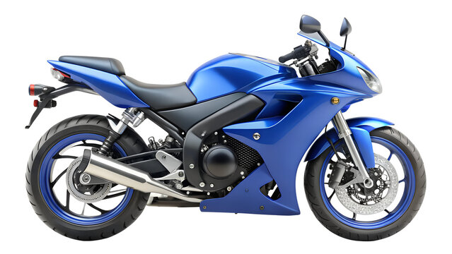 A sleek blue sport motorcycle isolated on transparent background, showcasing its modern design and powerful engine, ideal for racing and touring
